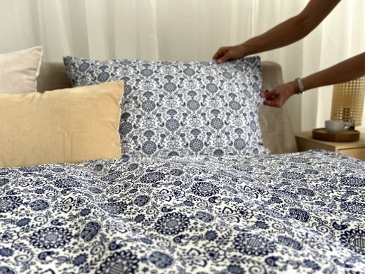 Bavlněné povlečení modrotisk kytičky s ptáčky - Rozměry: 140x200 + 70x90 cm (standard)